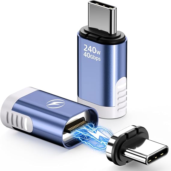 USB C Magnetic Adapter 240W, (2 Pack) Magnetic USBC Adapter 24 Pin Straight with USBC 4 40Gbps 8K 60Hz Video for iPhone 15/16 Series, Thunderbolt 3/4, MacBook Pro/Air and More Type C Devices, Blue