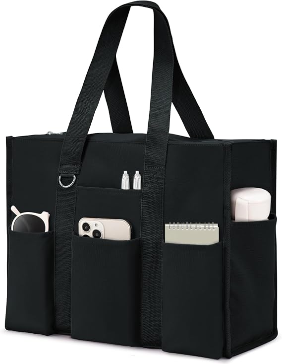 Becokan Large Tote Bag for Women Waterproof with 12 Pockets Top Zipper Closure Utility Teacher Nurse Bags for Work School