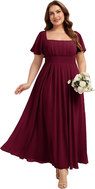 Ever-Pretty Plus Women's Summer Square Neck Plus Size Bridesmaid Dresses Ruched Tie Back Chiffon Formal Wedding Guest Dress