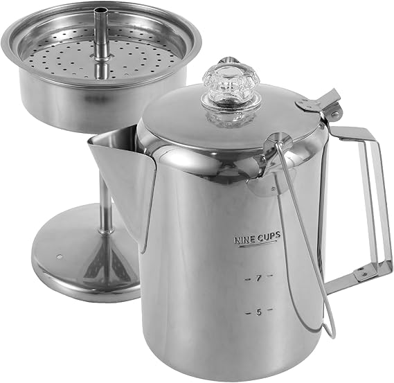 Percolator Coffee Pot Stainless Steel Camping Coffee Pot Fast Brew Indoor Outdoor Stovetop Coffee Maker with Clear Top Glass Knob Coffee 9 Cups Percolator for Group Camping Hiking Backpacking Travel