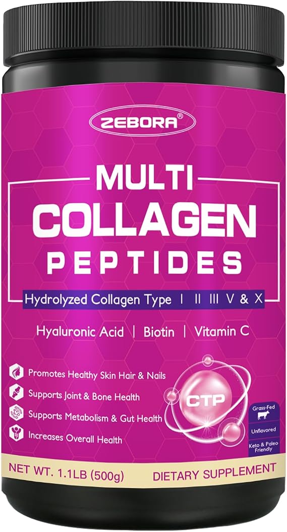 ZEBORA Multi Collagen Peptides Powder for Women, 50 Servings | Hydrolyzed Collagen Peptides Type I II III V X with Hyaluronic Acid, Biotin & Vitamin C, Supports Skin Hair Nail & Joint