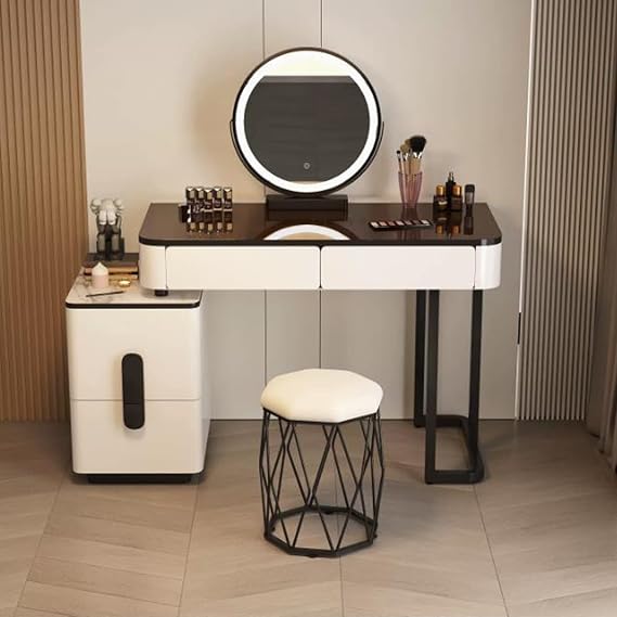 Vanity Desk with Lighted Mirro LED Bulbs, 3 Color Lighting Modes, Makeup Vanity with Drawers, Vanity Table with Stool for Women Girls(Black whiteA,100cm/39.3in)