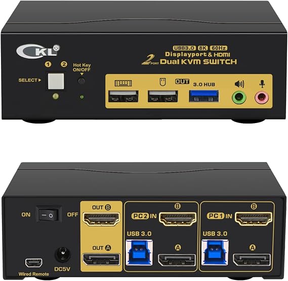2 Port USB 3.0 KVM Switch Dual Monitor HDMI 2.0 4K@60Hz(HDMI Out) + DisplayPort 1.4 8K 30Hz 4K 120Hz 144Hz (DP Out), Keyboard Video Mouse Peripherals Switcher for 2 Computers 2 Monitors with Audio