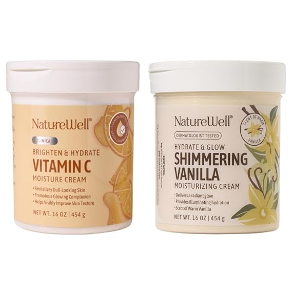 NATURE WELL Clinical Vitamin C & Shimmering Vanilla Moisturizing Cream Bundle for Face, Body, Hands, Nourish & Glow, Brighten & Smooth, Provides Intense Hydration For Dry & Dull Skin, 16 Oz Each
