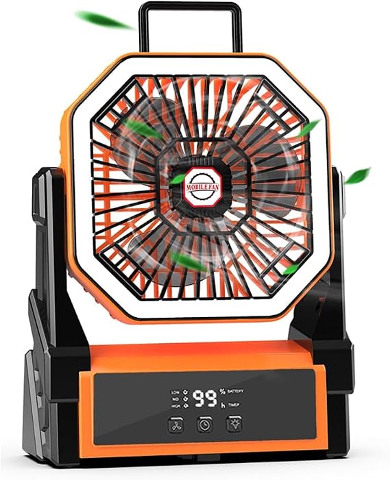 20000mAh Portable Camping Fan with LED Light & Power Bank | 12H Timer, 270 Rotation, 3 - Mode Lighting, Quiet Operation | Ideal for Camping, Home, Office & Outdoor Adventures Orange