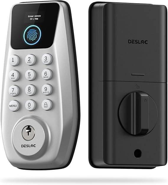 DESLOC C110 Fingerprint Keyless Entry Door Lock, Visual Display, Auto Lock | Smart Deadbolt Lock for Front Door with 100 PIN Codes, 2 Keys, Easy Installation, IP54 Waterproof, BHMA Grade 3, Silver