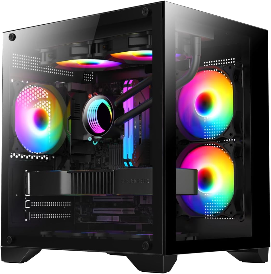 iONZ Mini Dual Dynamic PC Gaming Case MATX Tempered Glass | Dual Chamber with 3 ARGB Fans | Black