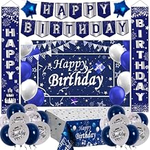 Blue and Silver Birthday Decorations, Brithday Party Decorations for Men Boys Women Girls with Blue Silver Happy Birthday Banner Tablecloth Backdrop Porch Sign Door Decorations Balloons