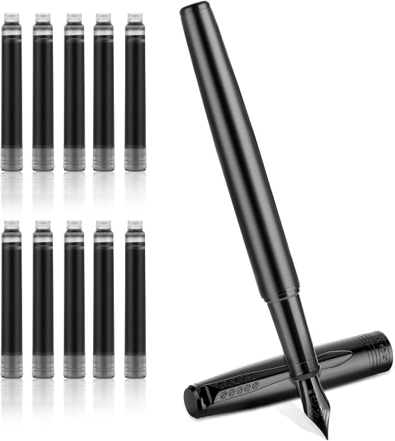 Andibro Black Metal Fountain Pen,0.5mm Fine Nib Fountain Pen with 10 Pcs 2.6mm Black Ink Cartridges Smooth Writing Fountain Pens Gift for Business Calligraphy Office Journaling Men Women