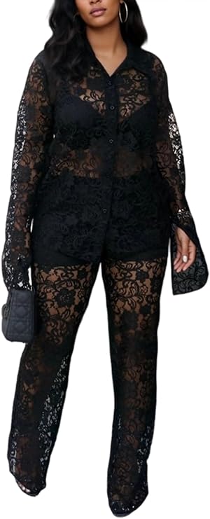 Women's Lace 2 Piece Outfits Sexy See Through Lapel Long Sleeve Shirt Wide Leg Pants Mesh Embroidery Print Suits