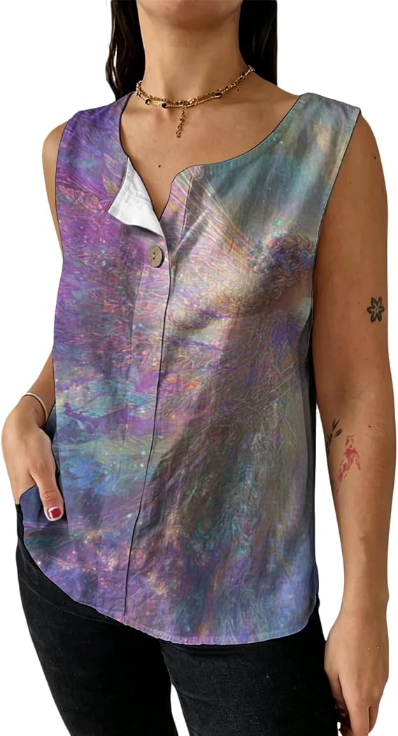 MARSVOVO Women Trendy Sleeveless Blouse Notch Neck Button Detail Printed Tee Comfy Relaxed Fit Tunic Tops for Daily Life