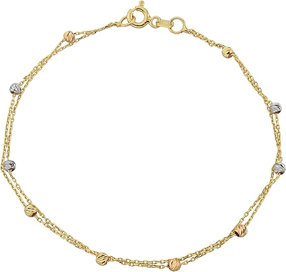 14K Real Solid Gold Double Row Beaded Ball Chain Bracelet for Women, Best Birthday Christmas Gift for Her mom, Women's Chain Bracelets