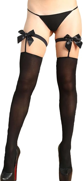 Women Black Satin Bow Accent Sheer Thigh High Stockings