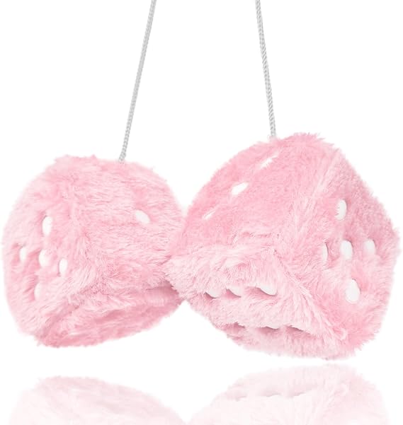 Fuzzy Plush Dice for Car Mirror, Pair of Retro 3 Light Pink Dice with White Dots for Car Interior Hanging Ornament Decoration (Light Pink)