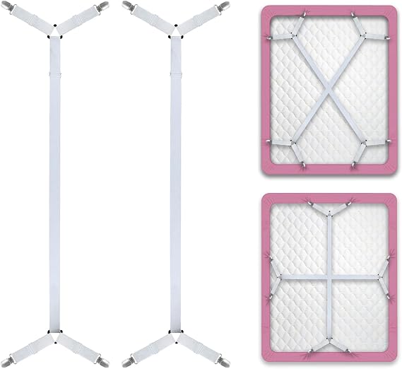 Bed Sheet Straps/Fitted Sheet Holders for Corners - Keep Your Bed Sheets Firm & Tight with Premium Bed Scrunchies, Sheet Clips White-2Pack