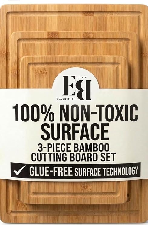 Bamboo Cutting Board Set of 3 (15"10", 12"8", 9"6") Crack Resistant Boards with Deep Juice Grooves, Handles & Care Guide Butcher Block for Meat, Veggie & Charcuterie Board