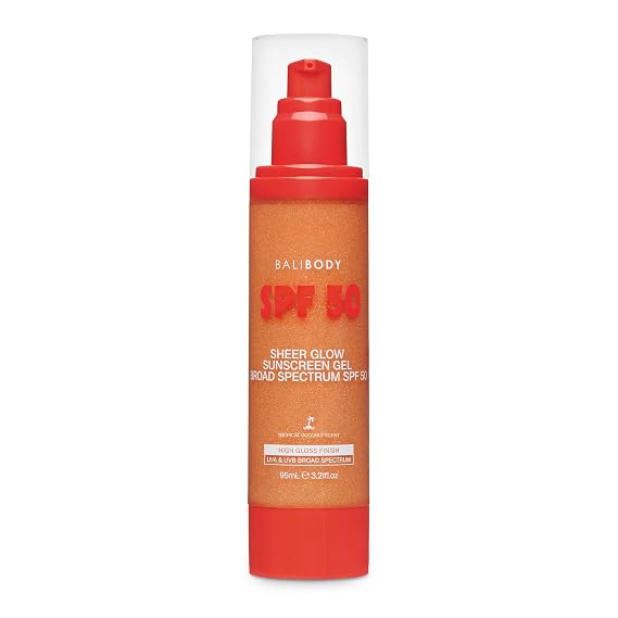Bali Body Sheer Glow Sunscreen Gel SPF50 Shimmer Sunscreen Lotion with Coconut Scent, High Gloss Finish, Broad Spectrum UVA/UVB Protection, Hydrating Sun Care, 95ml / 3.21 fl oz