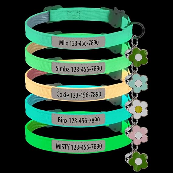 Phosphorescent Personalized Cat Collar with Bell and Flower – Custom UV Printed Name and Phone Number, Adjustable Safety Collar for Cat (Fluorescent Glow)