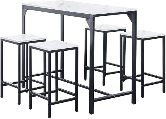 Modern 5 PCS Bar Breakfast Table and Stools Set of 4 Small Kitchen Dining Room Table and Chair Set for 4 People White Marble-like Wood Tabletop with Metal Frame Space-saving Apartment Furniture