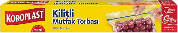 Kilitli Mutfak Torbası Büyük Boy 10'lu 26x28 cm, Tekrar Kullanılabilir & Hava Geçirmez, Dayanıklı Saklama Poşeti, Buzdolabı,Meyve & Sebze, Et, Tavuk, Balık, Sos & Sıvı Yiyecekler İçin