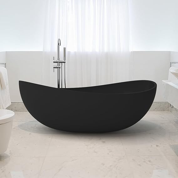 Freestanding 71 Inch Oval Bathtub Stone Resin Soaking Bathtub with Center Drain (Black)