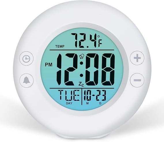 Westclox Digital Alarm Clock for Men & Women 3.5" White Bedside Clock with Gradient Backlight, Constant Illumination When Plugged in, Temp Display, Calendar, Snooze, 12/24 Hr, Battery or Plug-in
