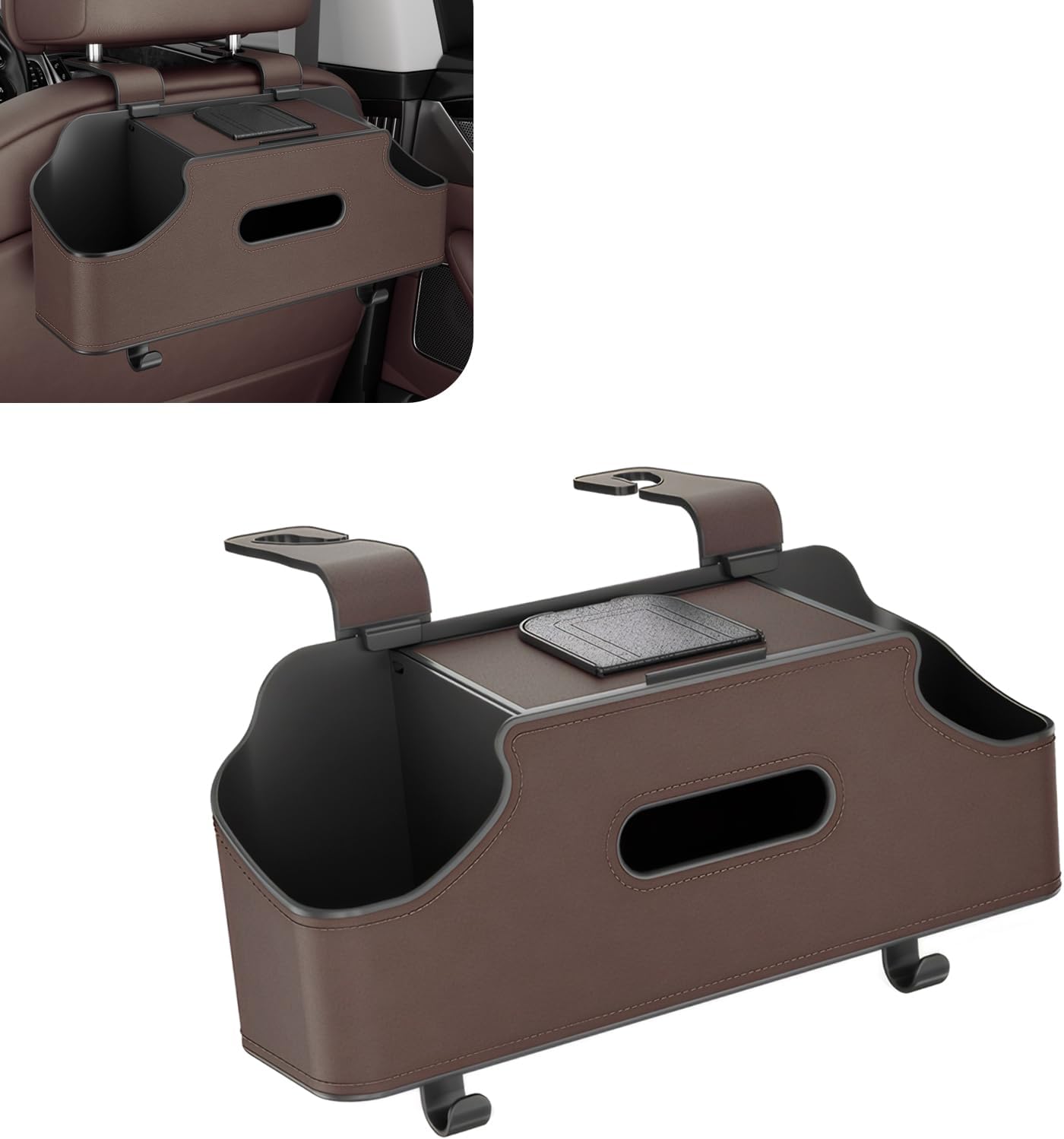 1 PC Car Seat Back Organizer, Car Back Seat Multi-Function Storage Box with 2 Drink Cup Holders, 11.42 x 3.35 Leather Tissue Organizer, Universal for Most Cars, Trucks, SUVs Brown