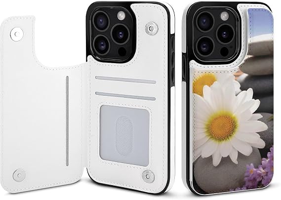 Wallet Case for iPhone 15 Pro - Massage Stones with Daisy Print PU Leather Flip Shockproof Wallet Phone Cases Cover with Card Slots, Kickstand, Magnetic Clasp Closed