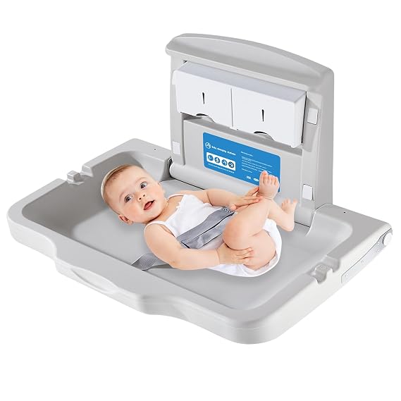 Wall Mounted Baby Changing Station for Public Restrooms | Commercial Fold-Down HDPE Design, Safety Strap, Door Sign, Space-Saving