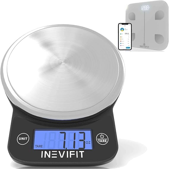 INEVIFIT Smart Bluetooth Scale & Digital Kitchen Scale Fitness Bundle, Complete Body Composition and Nutrition Tracking Solution with Batteries Included