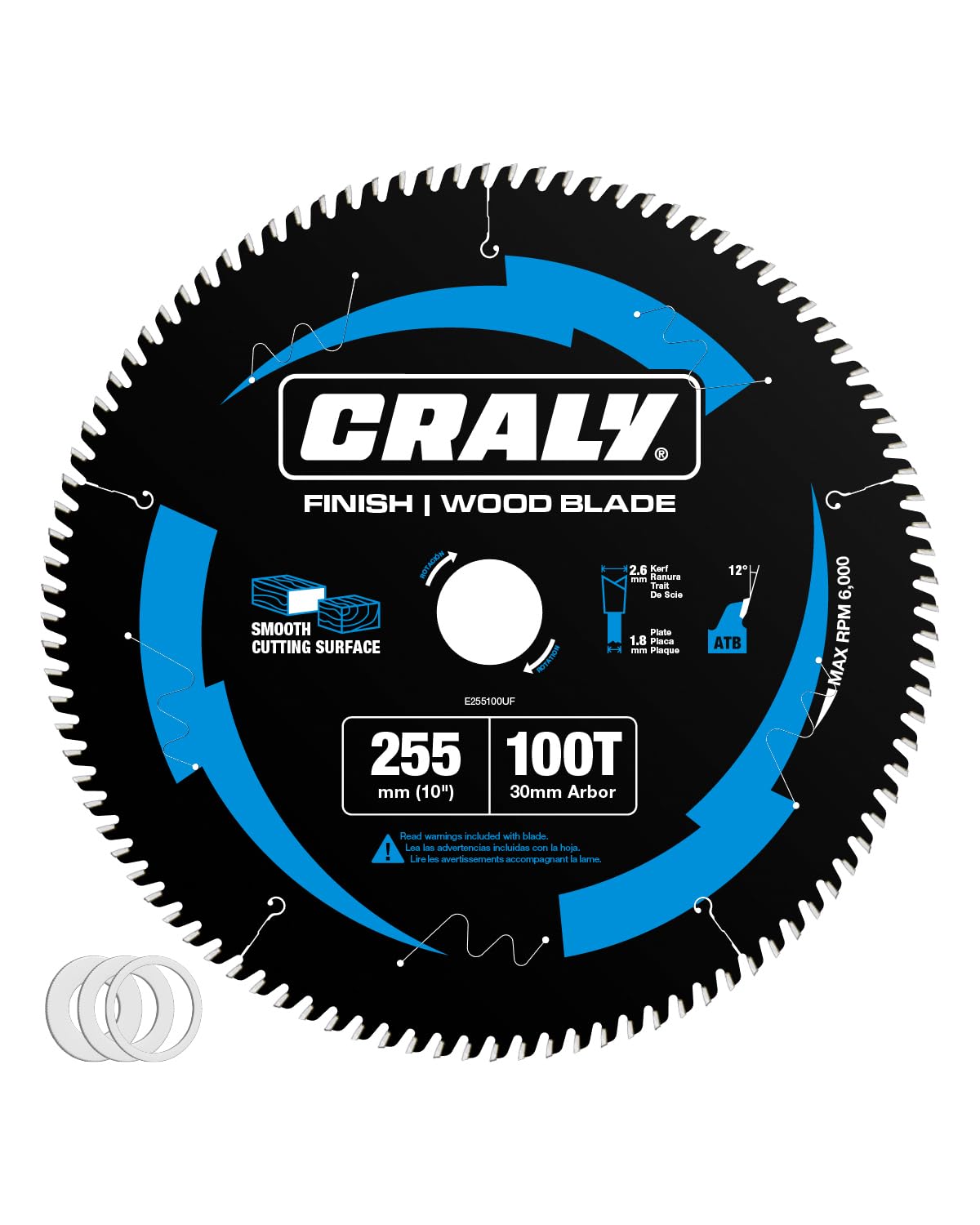 CRALY 255mm 100 Teeth Ultra Fine Finish Wood Cutting Circular Saw Blade, 30mm Arbor, Carbide Tipped, Thin Kerf, Black Ice™ Coating, for Plywood, MDF, OSB, Laminated(E255100UF)