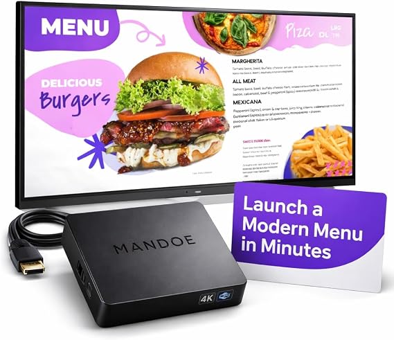 Mandoe Essentials Digital Signage Player for Restaurants & Business | Plug & Play, AI content creation, HDMI connectivity, Multi-screen support, Remote management, Offline playback