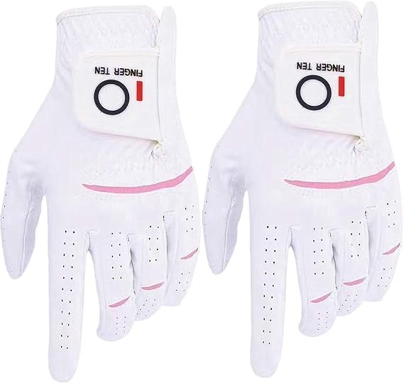 FINGER TEN Womens Ladies Golf Gloves Pair Both Hand or 2 Pack Left Right Hand, All Weather Grip & Comfortable Glove for Serious Performance, Stylish Pink White Fit S M L XL