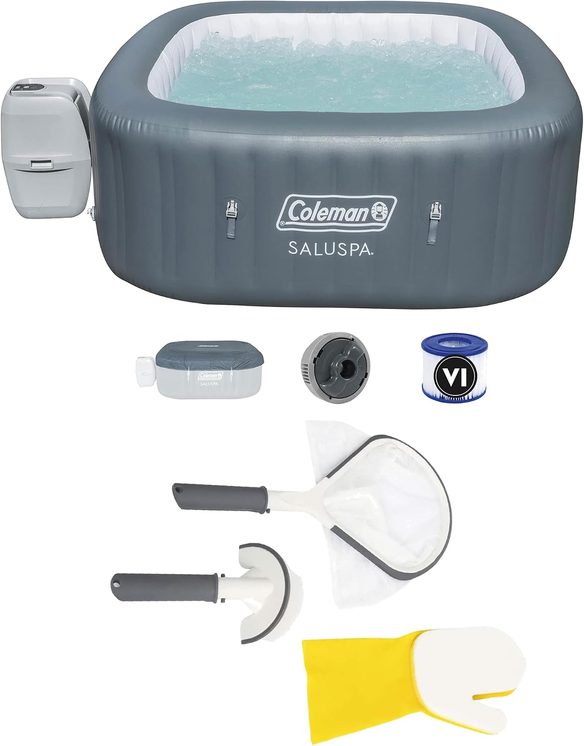 Coleman SaluSpa 6 Person Inflatable Outdoor Hot Tub Spa and Bestway SaluSpa 3 Piece Cleaning Tool Set with Scrub Brush, Mitt, and Skimmer Net
