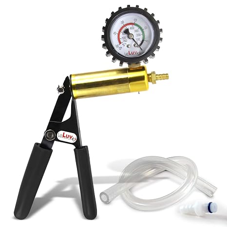 LeLuv ultima brass vacuum pump handle - gauge installed with protective rubber cover - black rubber padded handles, clear hose and mac sealing ring fitting