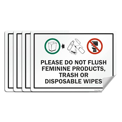 SmartSign (Pack of 4) 5 x7 inch Please Do Not Flush Feminine Products, Trash Or Disposable Wipes Labels with Symbols, 5 mil Laminated Polyester with SuperStick Adhesive, Multicolor, Made in USA