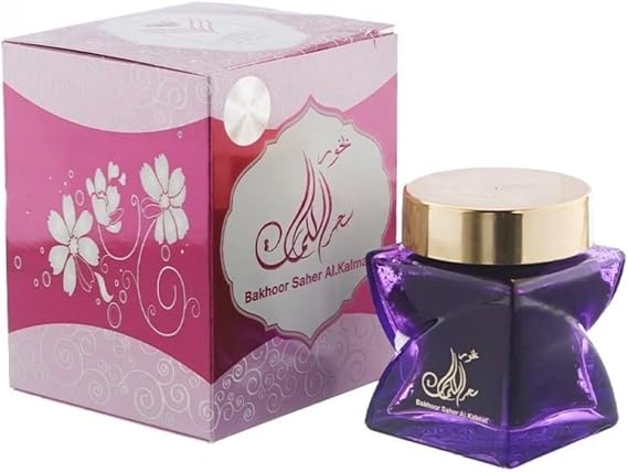 Bakhoor Saher Al.Kalmat Incense, by Alma's perfumes Purple Glass Bottle, Gold Cap, Arabic Fragrance, Traditional Bakhoor woodChips 30g, Made in Saudi Arabia