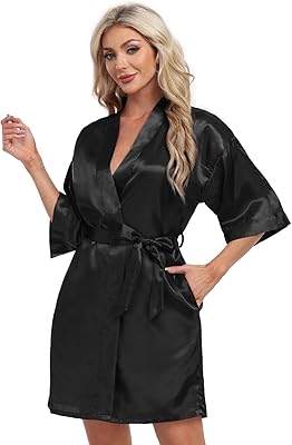 Womens Satin Robe Short Kimono Bathrobes Bride Bridesmaid Wedding Party Robes Sleepwear with Pockets