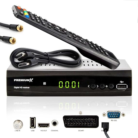 PremiumX HD 521 B FTA Digital TV SAT Receiver DVB-S2 FullHD Satellite Receiver HDMI SCART USB Media Player Antenna Cable Pre-Programmed
