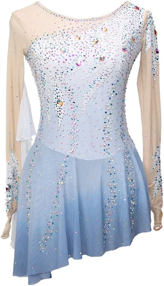 Figure Skating Dress Mesh Skirt Girls Round Neck Long Sleeve Gradient Breathable Competition Performance