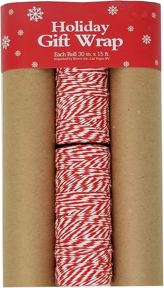 Classic Christmas Kraft Wrapping Paper Set 3 Rolls + Red Bakers Twine | Durable Brown Gift Wrap | 102.5 sq ft for Holiday Wrapping, Birthdays, Crafts & More | Festive Parcel Paper with Red String