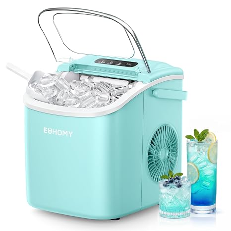 EUHOMY Countertop Ice Maker Machine with Handle, 26lbs Per Day, 9 Ice Cubes Ready in 6 Mins, Auto-Cleaning Portable Ice Maker with Basket and Scoop, for Home/Kitchen/Camping/RV (Green)