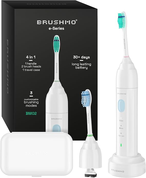 Brushmo E-Series Electric Sonic Toothbrush - Rechargeable Screw-On Electronic Tooth Brush for Adults with 3 Modes, Travel Case & Timer IPX7 Waterproof, 30 Days Lasting & Wireless Charging Base, White