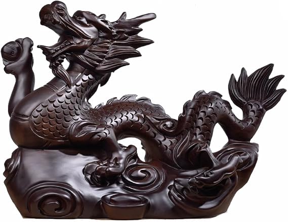 RCFINE Dragon Statue Small Wooden Chinese Feng Shui Dragon Figurines 2024 Year of The Dragon Gift Dragon Sculpture for Luck Success (Black)