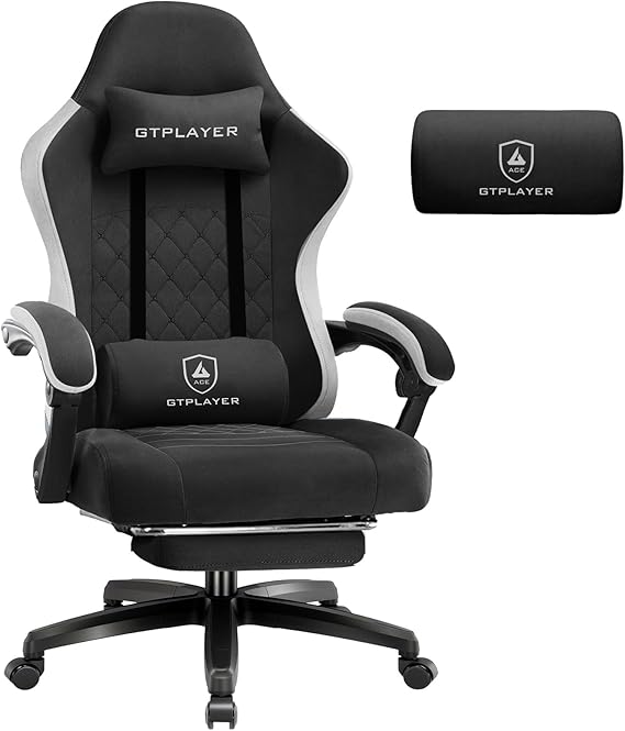 GTPLAYER Fabric Gaming Chair with Footrest, Ergonomic Computer Desk Chair with Pocket Spring Cushion Home Office High Back Support Lumbar Support Heavy Duty Wide，Dark Black