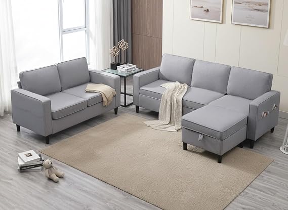 2 Pieces Living Room Sofa Set, Linen Couch and Loveseat & Chair Sets with Ottoman, Modular Sectional Sofa Couch Furniture Set, Wood Legs Sofas Couches for Living Room - Light Grey
