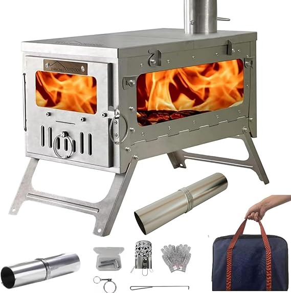 DANCHEL OUTDOOR TSG Foldable TA1 Titanium Tent Stove with Side Glass Ultralight, Small Wood Stove Burning Camping with Spark Arrestor Portable, 6.6lbs
