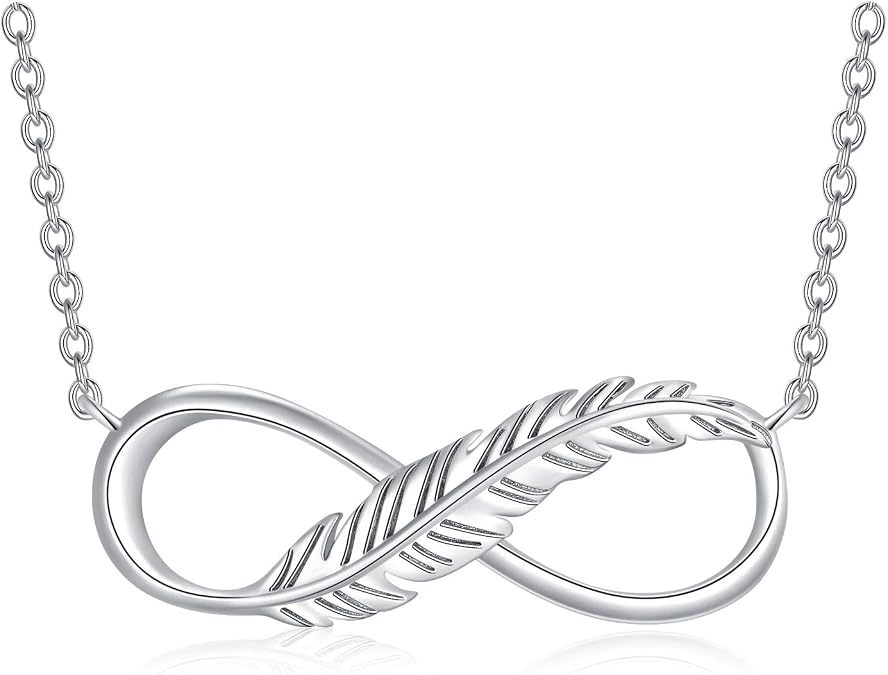 Infinity Feather Necklace 925 Sterling Silver Necklace for Women, 18+2