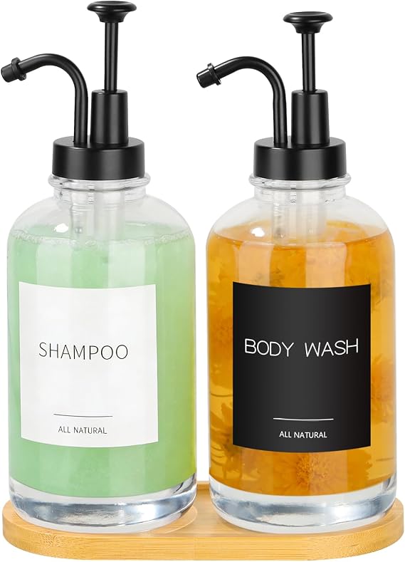 2Pcs Glass Soap Dispenser Bottle, Kitchen Soap Dispenser Set with Stainless Steel Pump, Hand Soap and Lotion Dispenser Set with Bamboo Tray, 500ML Modern Bathroom Accessories for Bathroom, Countertop