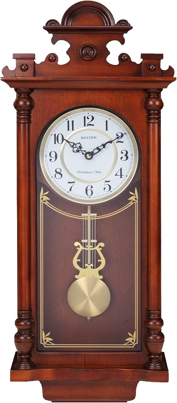 Ornate Large Brown Wooden Pendulum Wall Clock - Westminster Chime